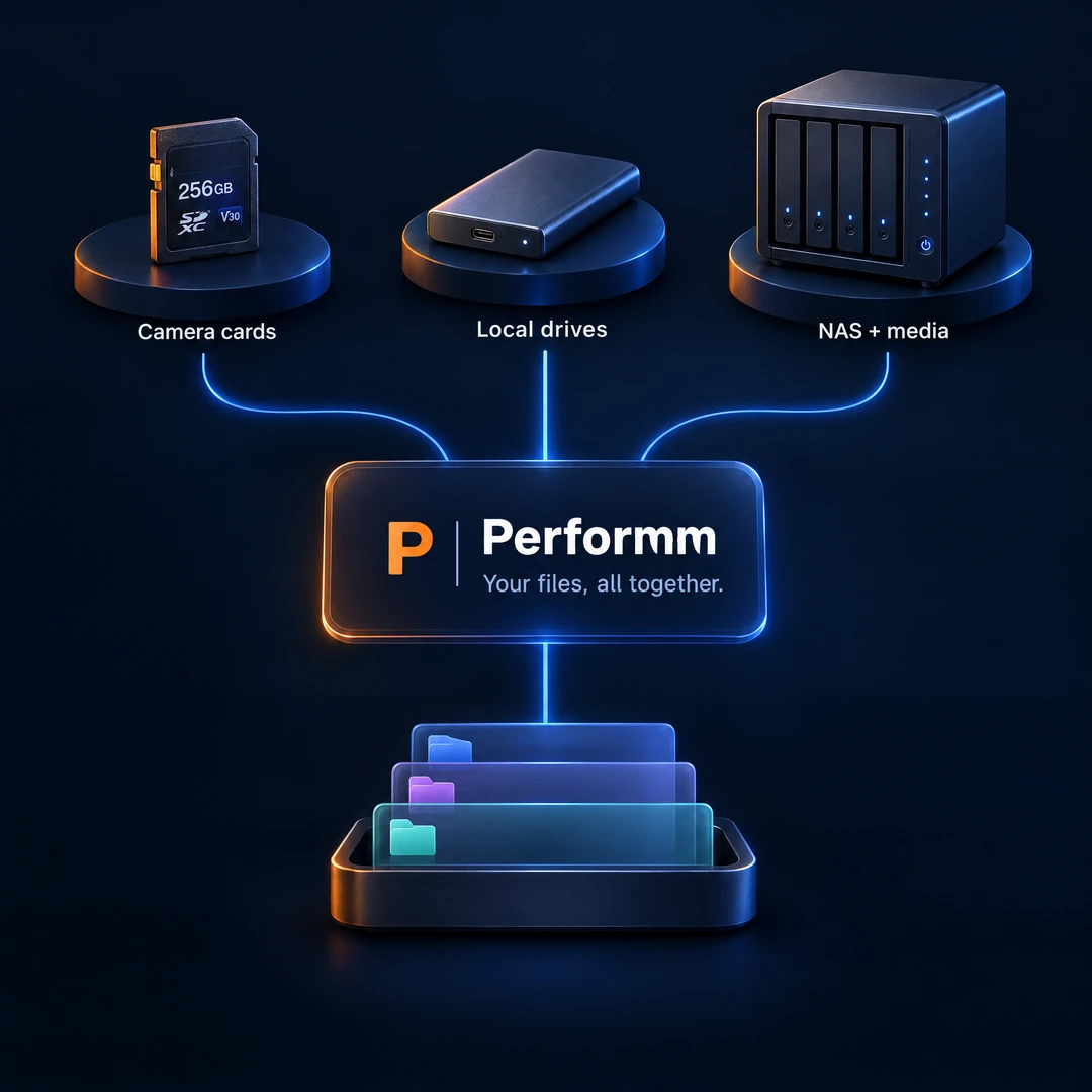 Camera cards, a portable SSD and NAS connected to Performm: Your files, all together.