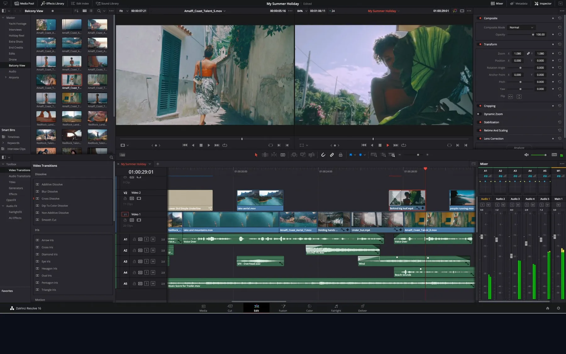 DaVinci Resolve editing interface with media bins, video preview and a multitrack timeline.