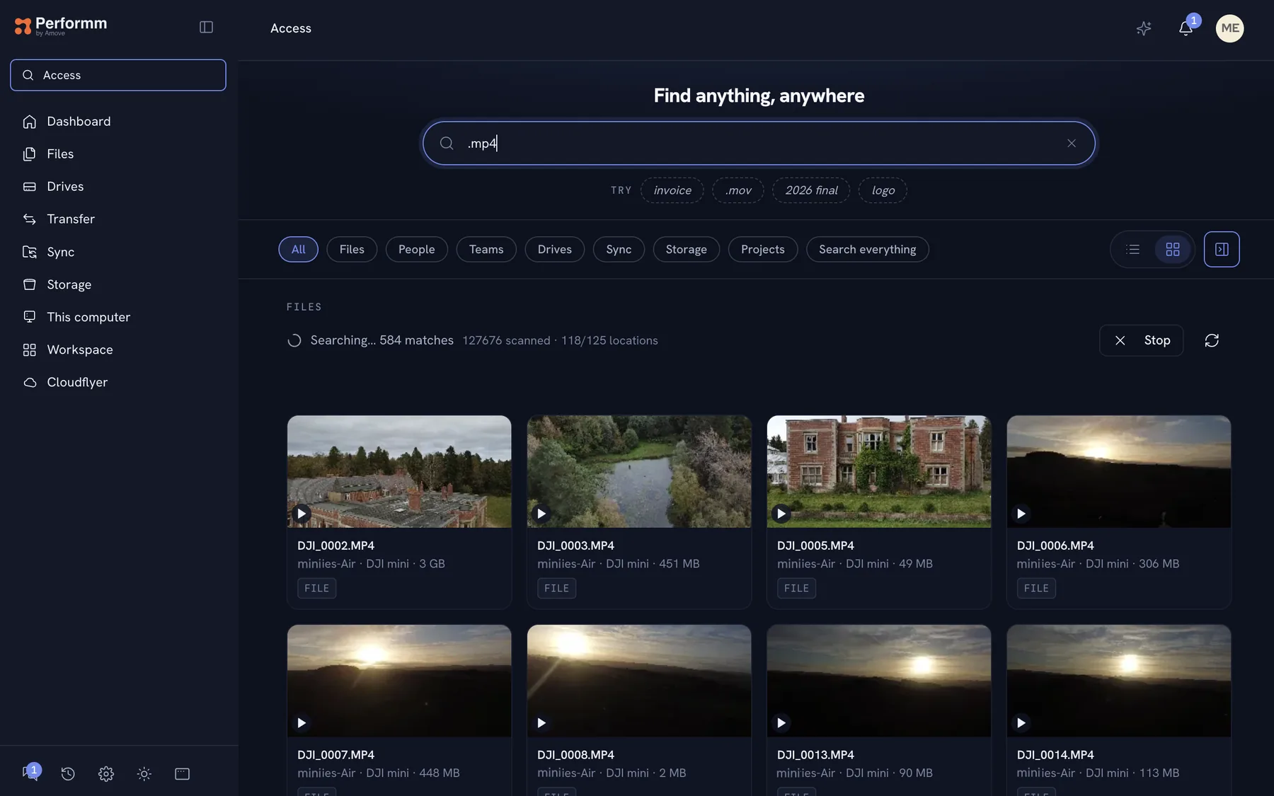 Performm Access search: a search for .mp4 across connected storage, with filters for files, people, drives and sync, and a grid of matching video files.