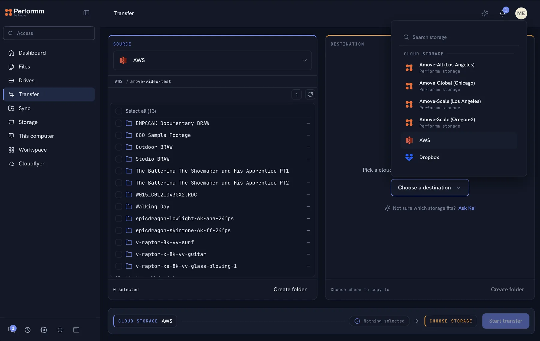 Performm Transfer: a source folder list on AWS and a destination picker listing Performm storage, AWS and Dropbox, with a bar at the bottom to start the transfer.